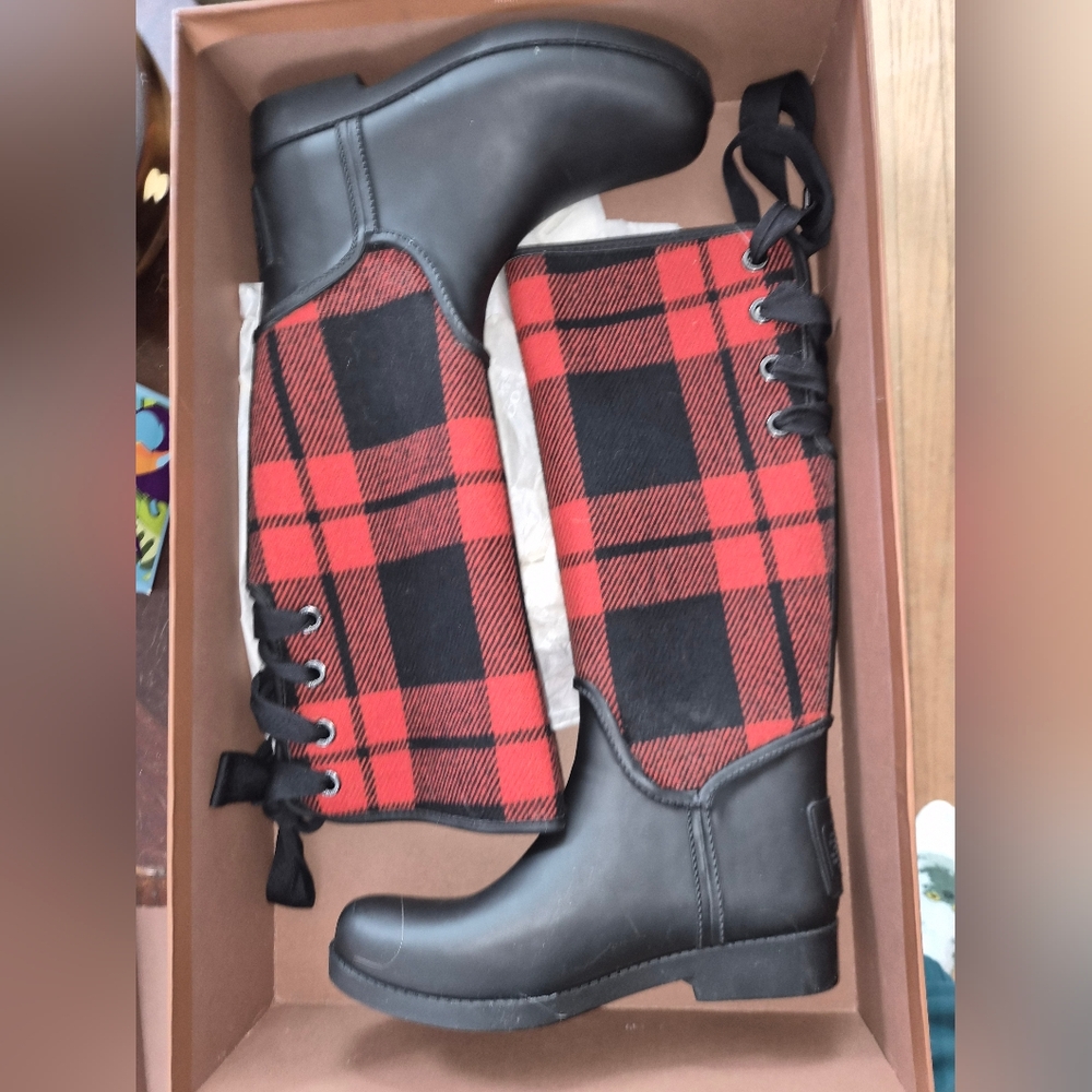 Coach Tristee rain boots in black rubber and red and black Plaid Tartan